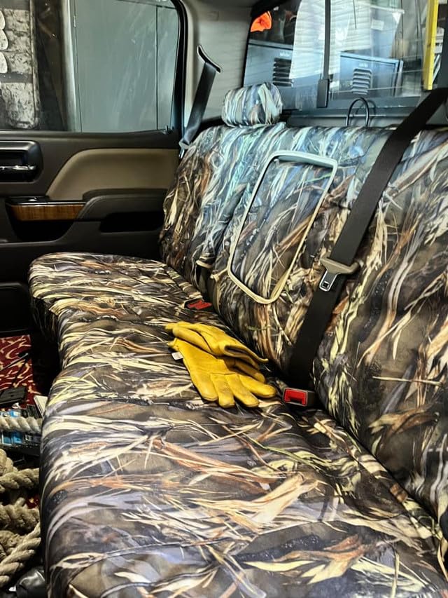 Durafit Seat Covers, C1142-SAC, Exact Fit for 2014-2020 Chevy Silverado and GMC Sierra Rear 60/40 Split Bench Seat with Fold Down Armrest with Cupholders. Made in Waterproof Savanna Camouflage Endura