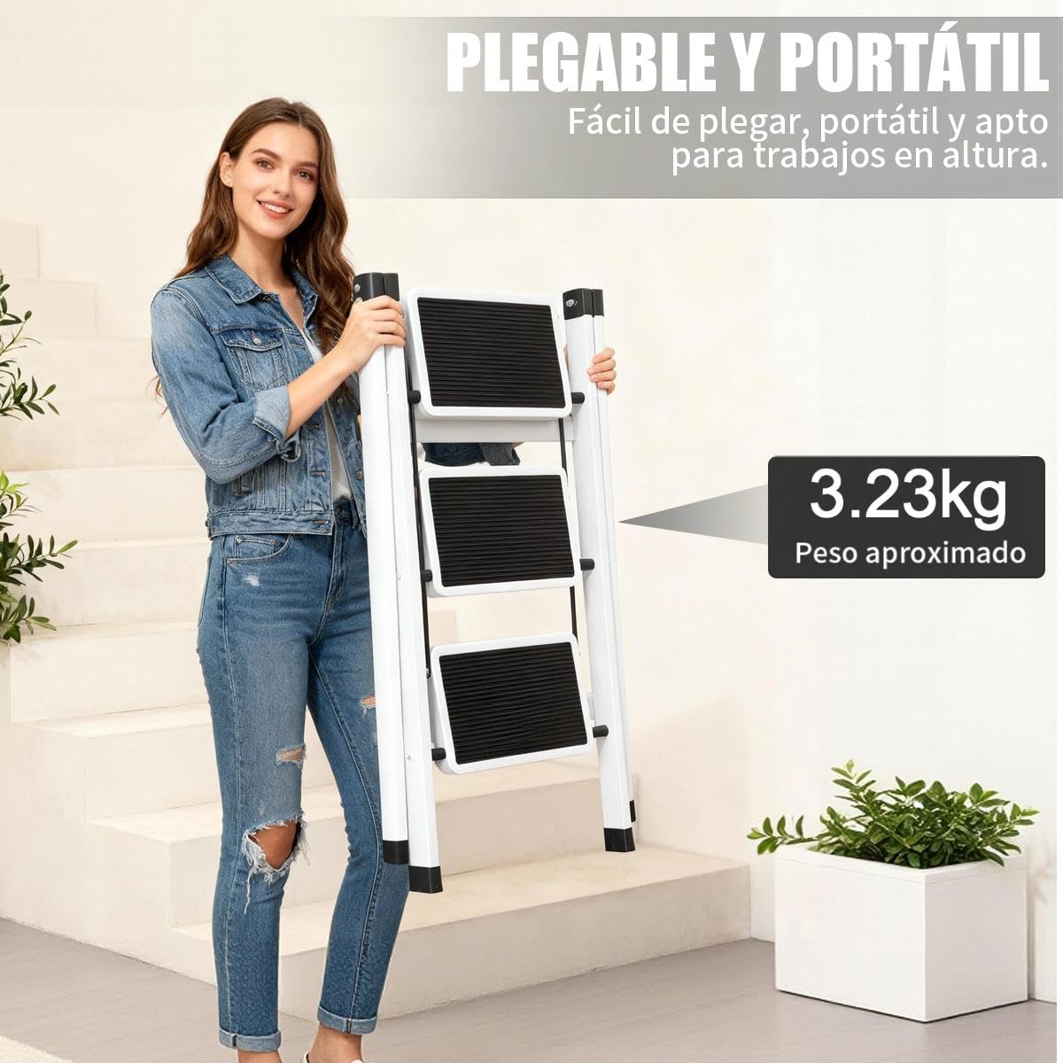 Escalera Plegable 3 peldaños con Pedal Antideslizante | Escaleras Plegables Domésticas | Step Ladder para Hogar | Escalera Plegable Multifuncional