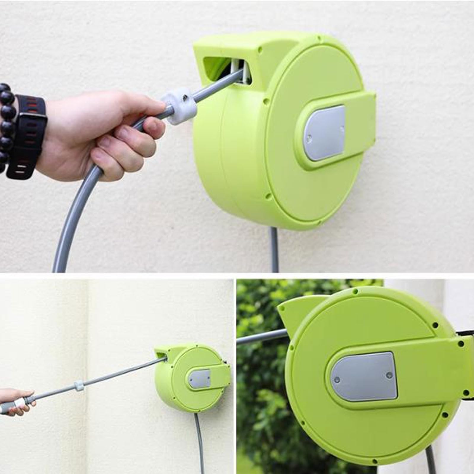 Soporte de Manguera Carrete de manguera de jardín retráctil de 15 m, carrete de manguera de montaje en pared de 1/2 pulgada x 50 pies + 6 pies con sistema de rebobinado rápido automático, bloqueo de c