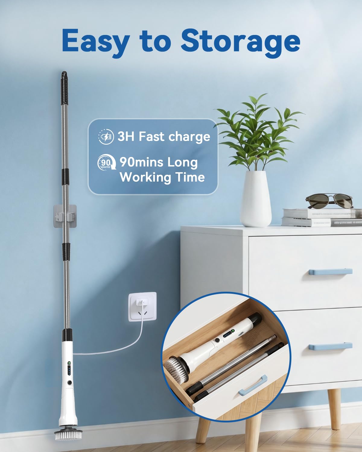 Limpiador giratorio eléctrico, cepillo de limpieza inalámbrico para limpiar el baño, limpiador de ducha eléctrica con 400 RPM/minutos-8 cabezales de cepillo reemplazables, 3 tamaños ajustables, 2