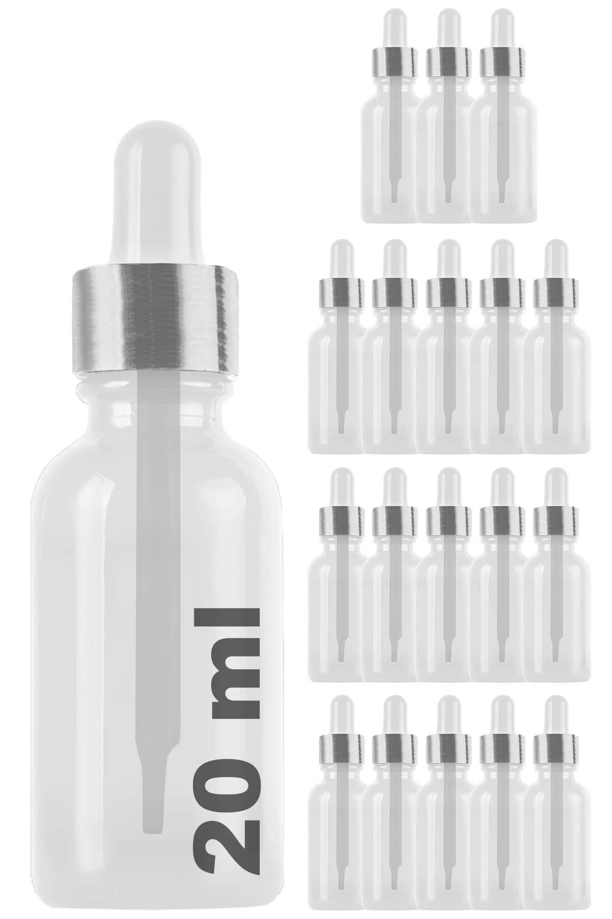 Afracam Şeffaf 20 ml Metal Gümüş Sızdırmaz Kapaklı Dropper Damlalık Cam Şişe 18 Adet