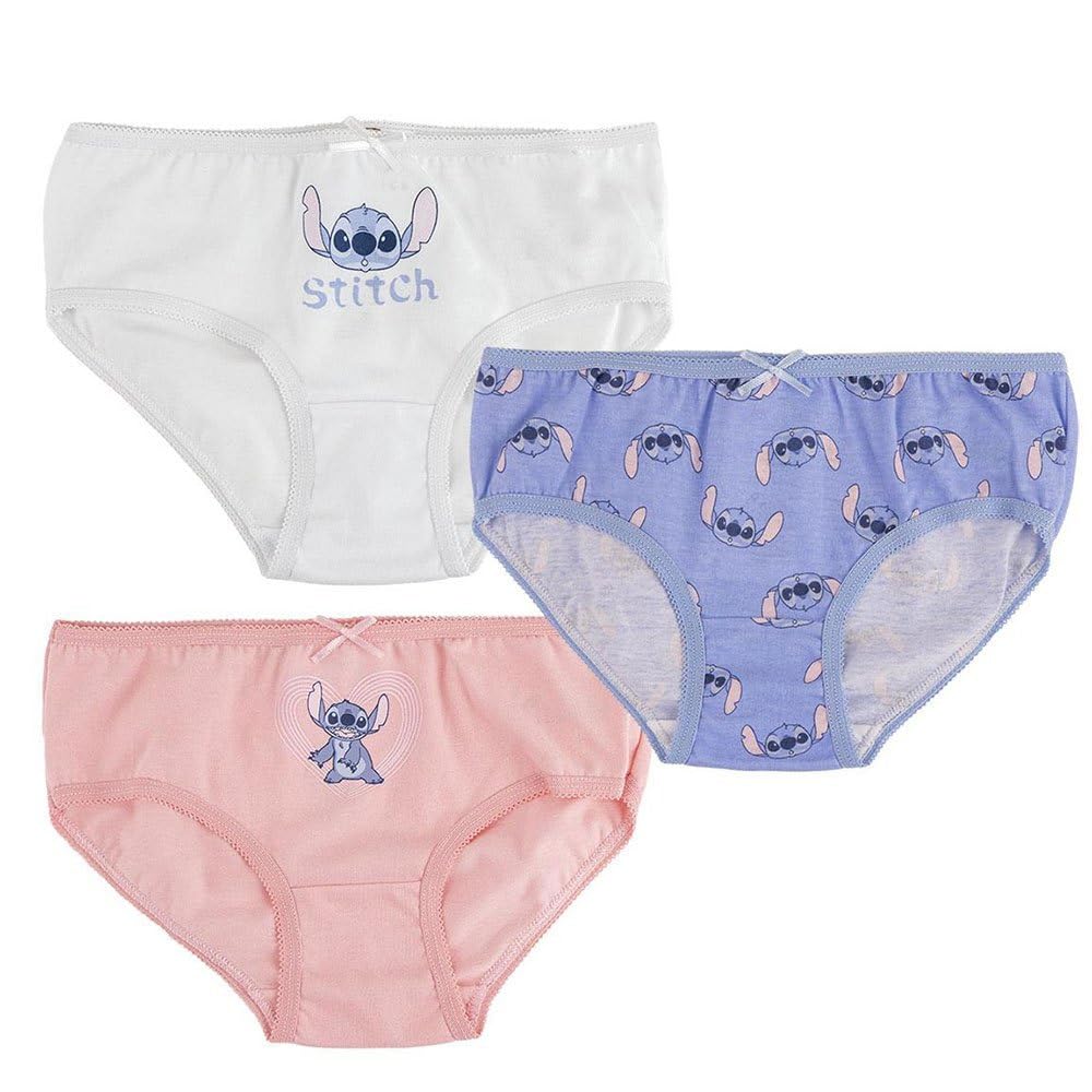 Disney Pack de Braguitas de Stitch - Colores Azul, Blanco y Rosa - 3 Unidades - Talla 6 a 8 Años - Braguitas Infantiles Elaboradas en Algodón - Producto Original Diseñado en España