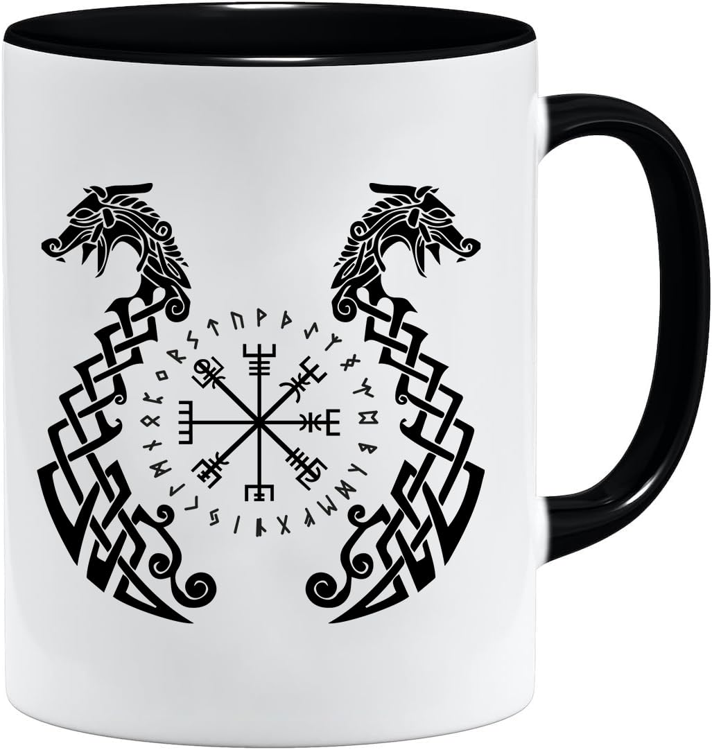 Jungle Mug Taza vikinga nórdica, idea de regalo para hombres mayores, papá, abuelo, taza de café, diseño vikingo, cránea, jarra de cerveza Thors Hammer (VIKING026)