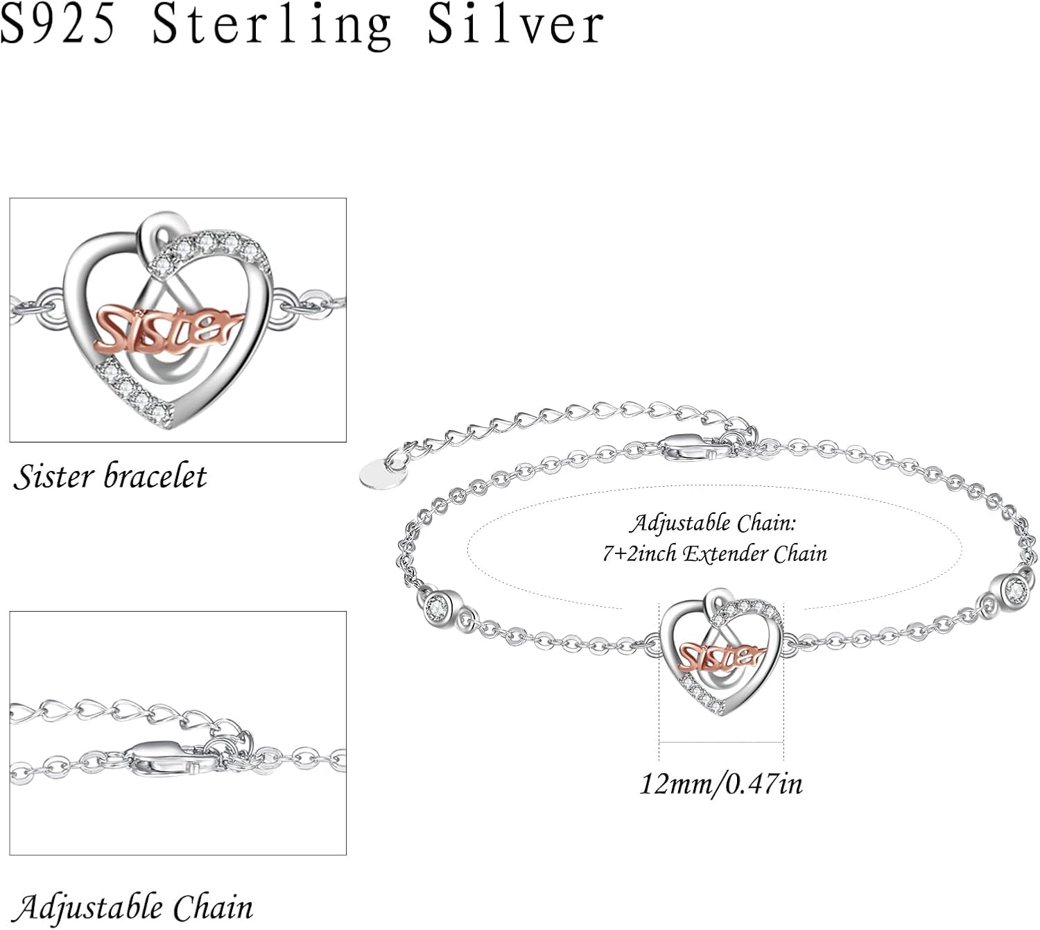 Palpitate Sister/Besties Bracelets for Women 925 Sterling Silver Friends Bracelet Friendship Jewelry Birthday Christmas Gifts for Women BFF - Image 3