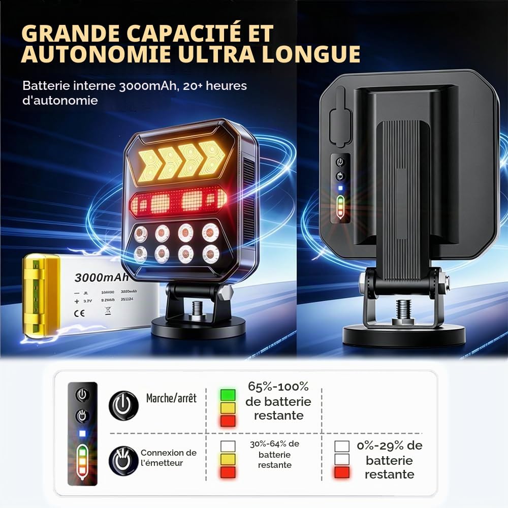 Ensemble Feux Arrière LED Magnétiques Bluetooth 12V/24V, Rechargeable Solaire, Autonomie 20h+, Étanche IPX6, pour Remorque Légère/Lourde, Semi-remorque, Tracteurs et Véhicules de Secours
