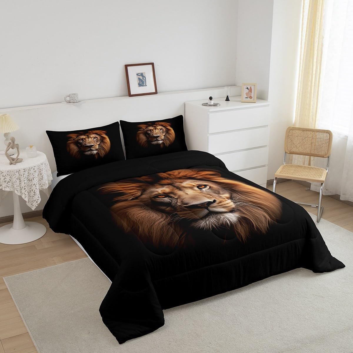 Lion Kids Comforter Set Full Size,Wild Animals Wildlife Fur Bedding Set,Girls Boys Women Room Decor,Jungle Animals Hunting Down Comforter,Brown Black Retro Duvet Insert,2 Pillowcases