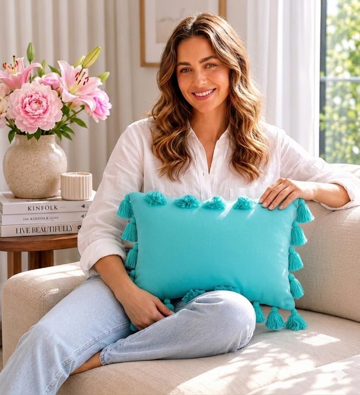 Image of WWW.THROWPILLOW.IN Caribbean Blue Green Big FullerTassels Trim Throw Pillow Cover, Solid Decorative Coastal Chic Accent Pillow for Sofa, Bed, Dorm Room Decor Rectangular Cushion 14x24 Inches