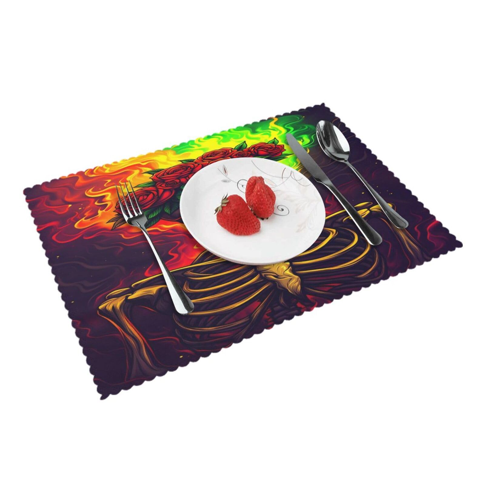 Skull Roses Flames Bones Placemats Set of 4 Print Table Mats Place Mats Table Decor for Kitchen Dining 12X18 in