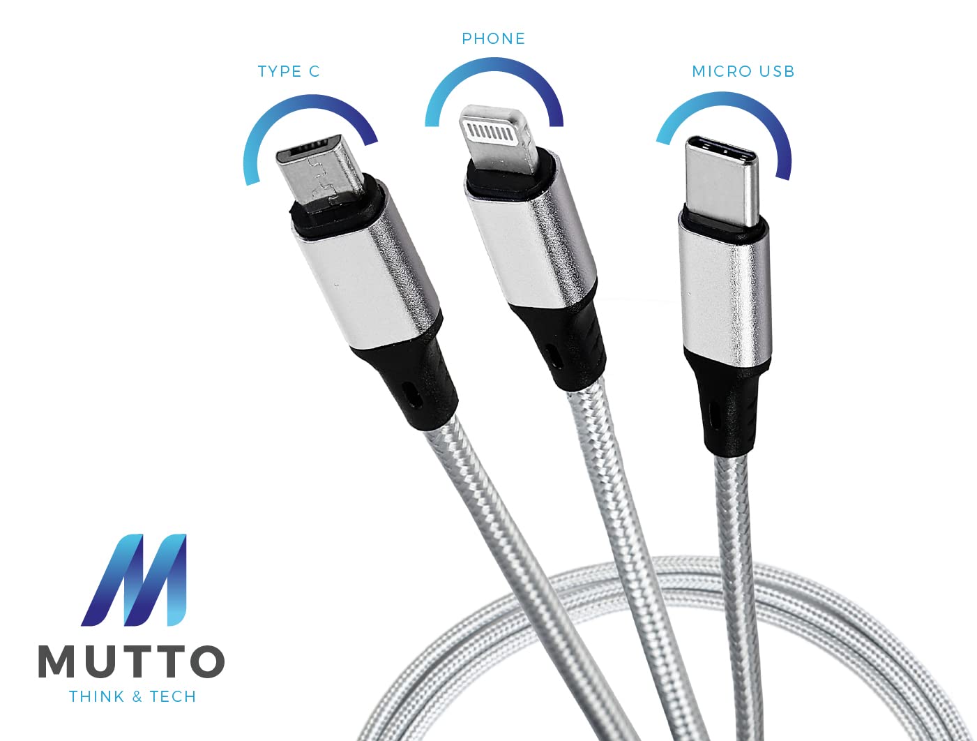 MUTTO Caricatore USB Multiplo 3 in 1 da Viaggio Universale, Caricatore per iPhone, Caricabatterie USB C e carica micro USB, adattatore presa + cavo di ricarica universale 3 in 1