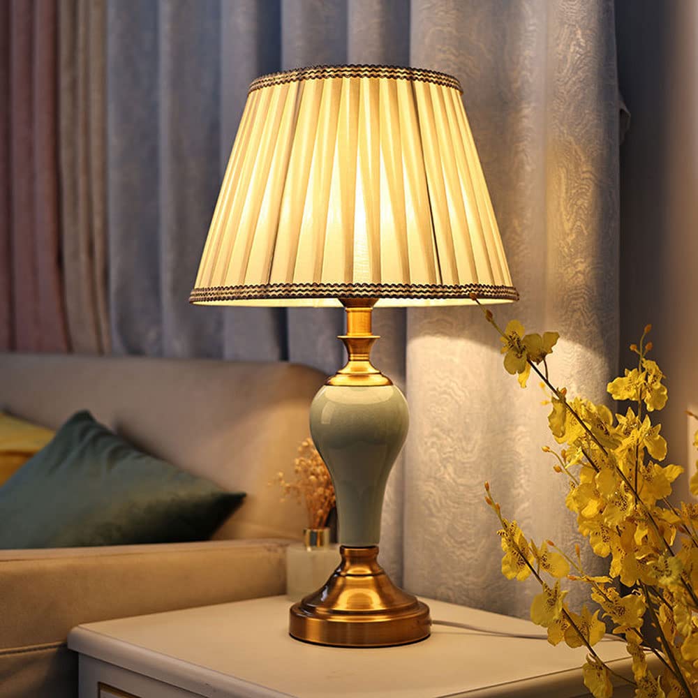 asdchZen 22" European Style Ceramic Table Lamp Antique Bedroom Bedside Lamp Cracked Glaze Pattern Ceramic Table Lamp Metal Base Fabric Lampshade Living Room Table Lamp-B,A