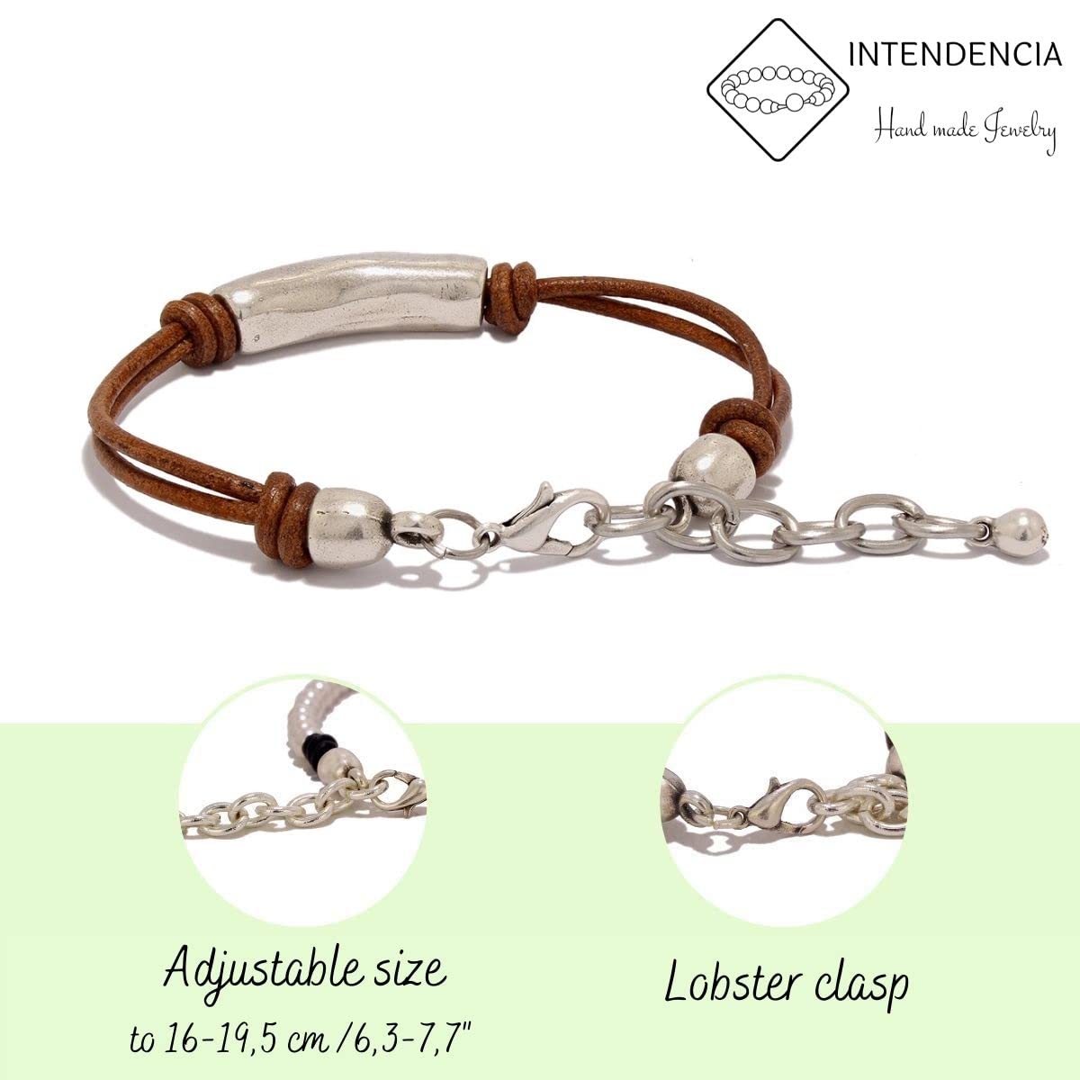 Pulsera de cuero para mujer hecho por Intendenciajewels – Hecho a mano - Pulsera bohemia - Joyas para mujer - Pulsera de cuero y plata - Pulsera ajustable de 16-19,5 cm.