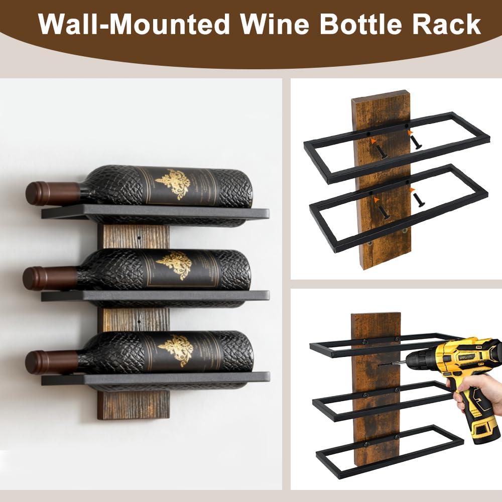 Portabottiglie da Parete per 3 Bottiglie di Vino,Mensola per Bottiglie da Muro,Cantinetta da Parete per Angolo Bar per Cucina, Sala da Pranzo e Cantina