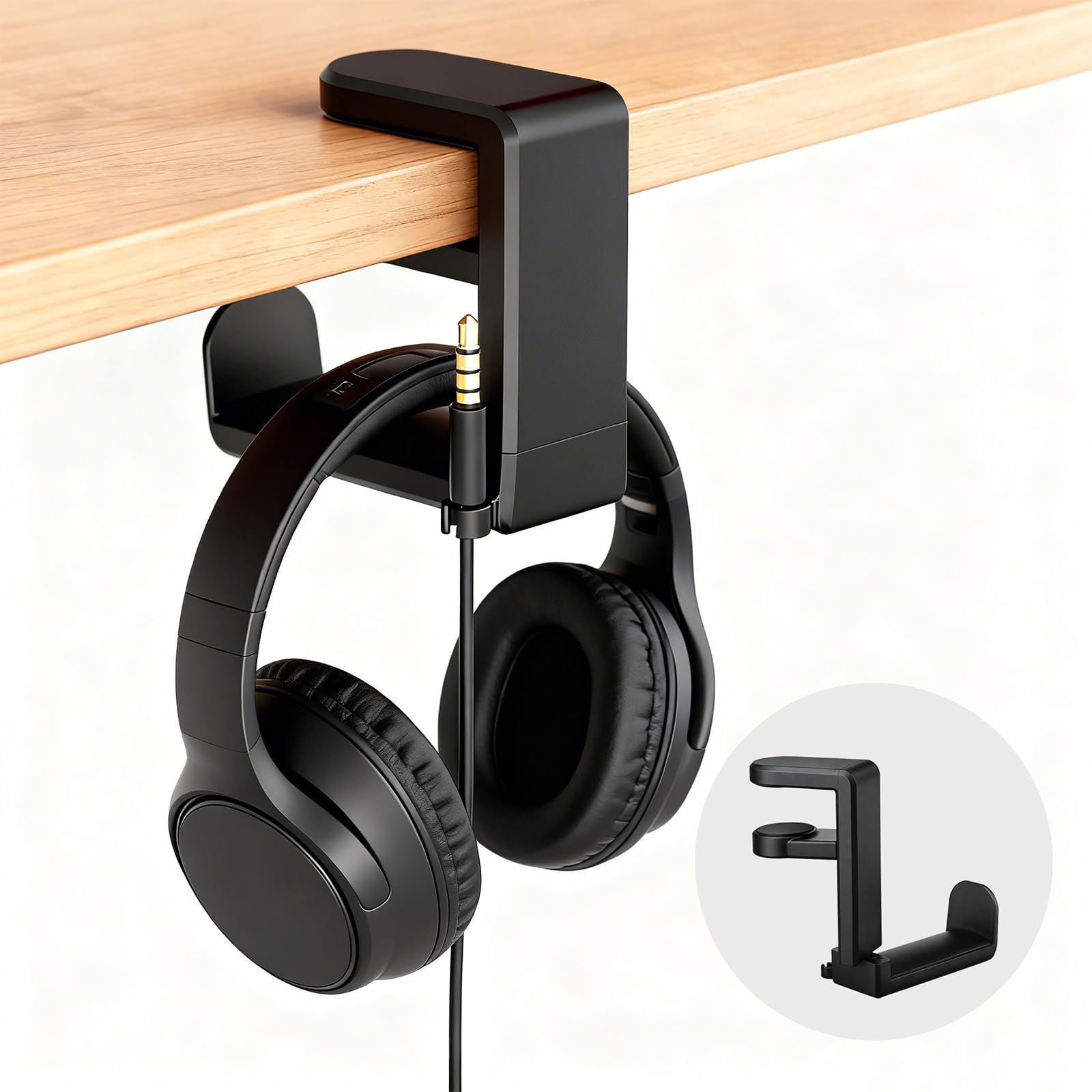 Universal Headphone Stand & Headset Holder - 360° Swivel Under Desk Headphone Hook with Cable Management Clip (Black)-image-43
