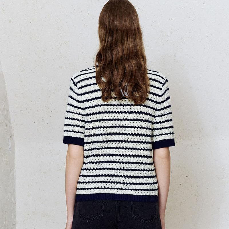 Image of URBAN REVIVO Women's Short Sleeve Sweaters Crewneck Knit Tops Casual Striped 2025 Trendy Soft Summer Blouses