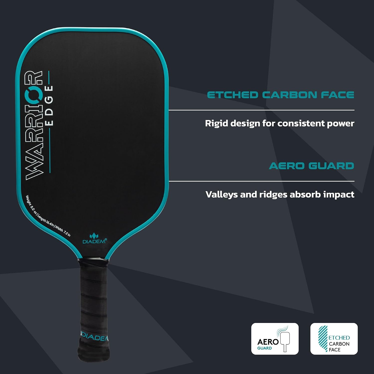 Diadem Warrior Edge Pickleball Paddles | Etched Carbon Face for Max Spin, 16mm Aero Guard, Comfort Max Grip, 16mm Honeycomb Core, Midweight 8oz | Indoor/Outdoor | USAPA Approved