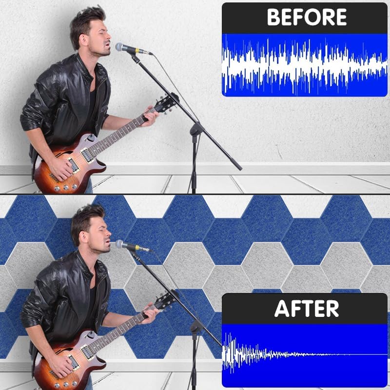 Miniatura 5 de Paquete de 12 paneles acústicos hexagonales de 11.8 x 10.3 x 0.35 pulgadas, autoadhesivos de alta densidad, paneles de sonido para paneles de pared