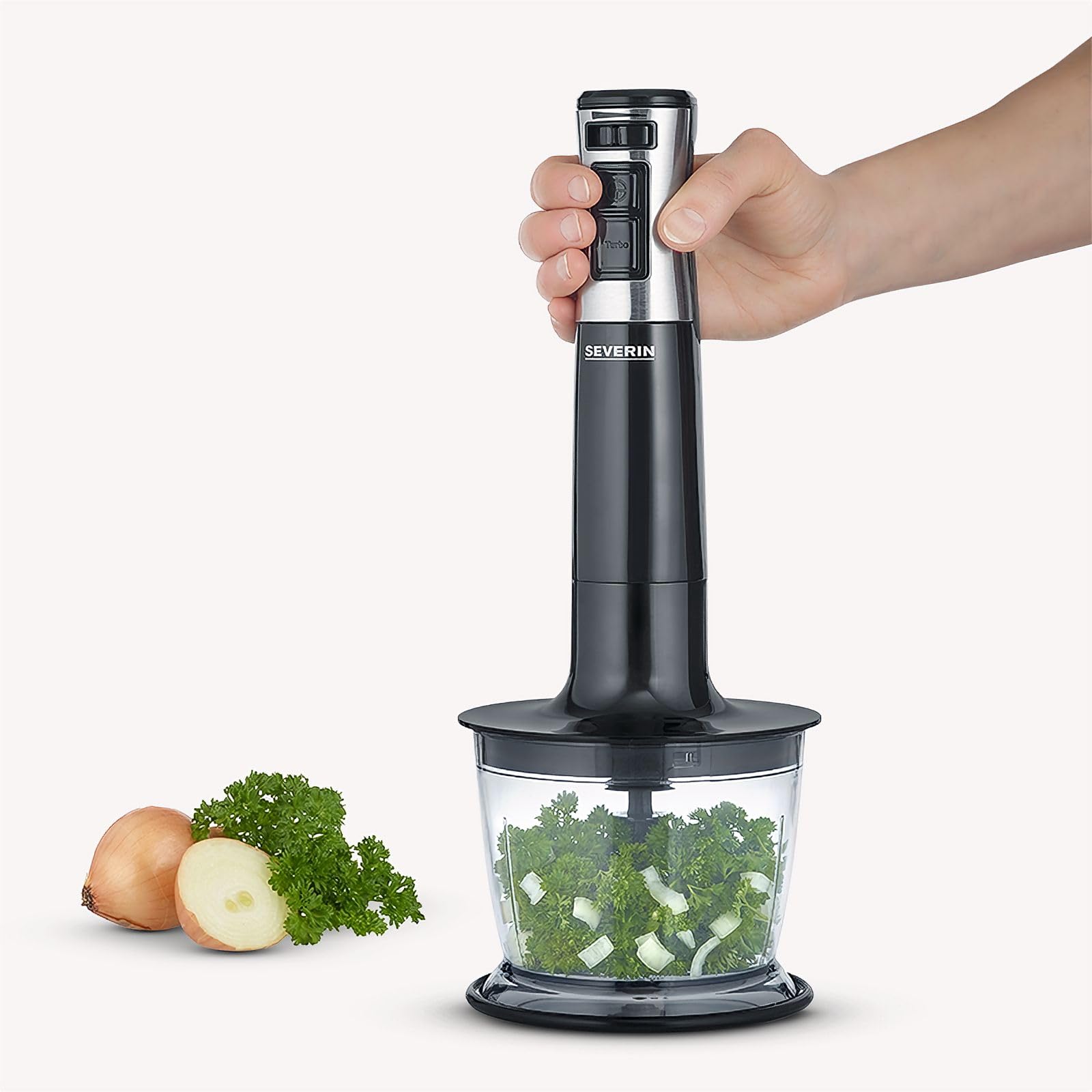 Severin blender ręczny SM 3772, rozdrabniacz, pojemnik do blendowania, trzepaczka, moc 600 W, końcówka ze stali nierdzewnej, 100% wolny od BPA, funkcja TURBO, obroty 15.000 obr./ min.