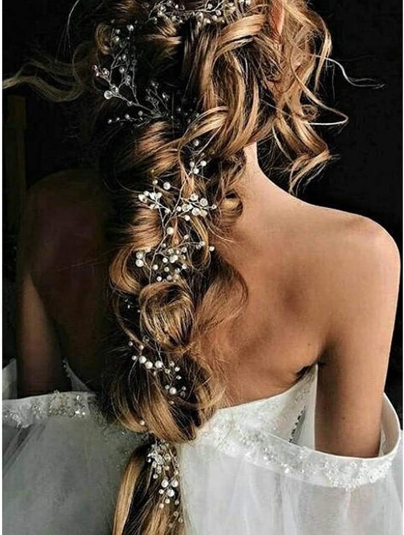 Catery Bride Wedding Headband Silver Pearl Long Hair Vine Bead Bridal Hair Accessories for Women and Girls