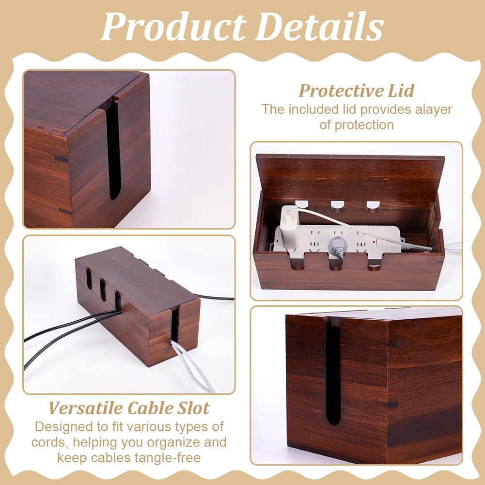 ORIGACH Große Kabelmanagementbox Aus Holz Mit Deckel Und Kabelbindern Bodenkabelorganisator Mit Überspannungsschutz Und 7 Ausgang Für TV Kabel Computer Router USB Hub Und Steckdosenleiste