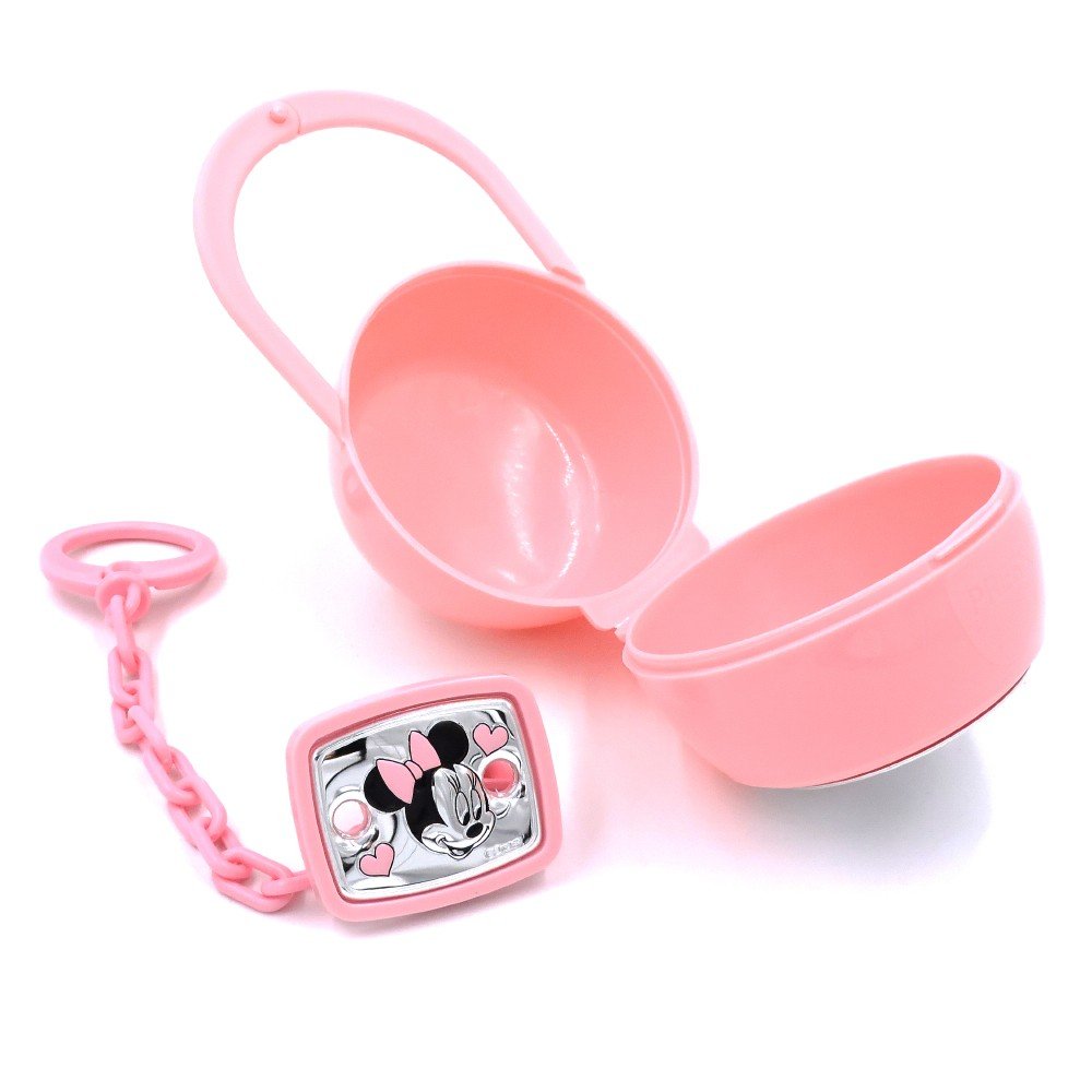 VALENTI & CO. Disney Baby Minnie Mouse Cornice Porta Foto Da Tavolo In Argento Per Neonato E Bambina & Disney Clip Ciuccio, Catenella Portaciuccio Con Box In Argento (Rosa)