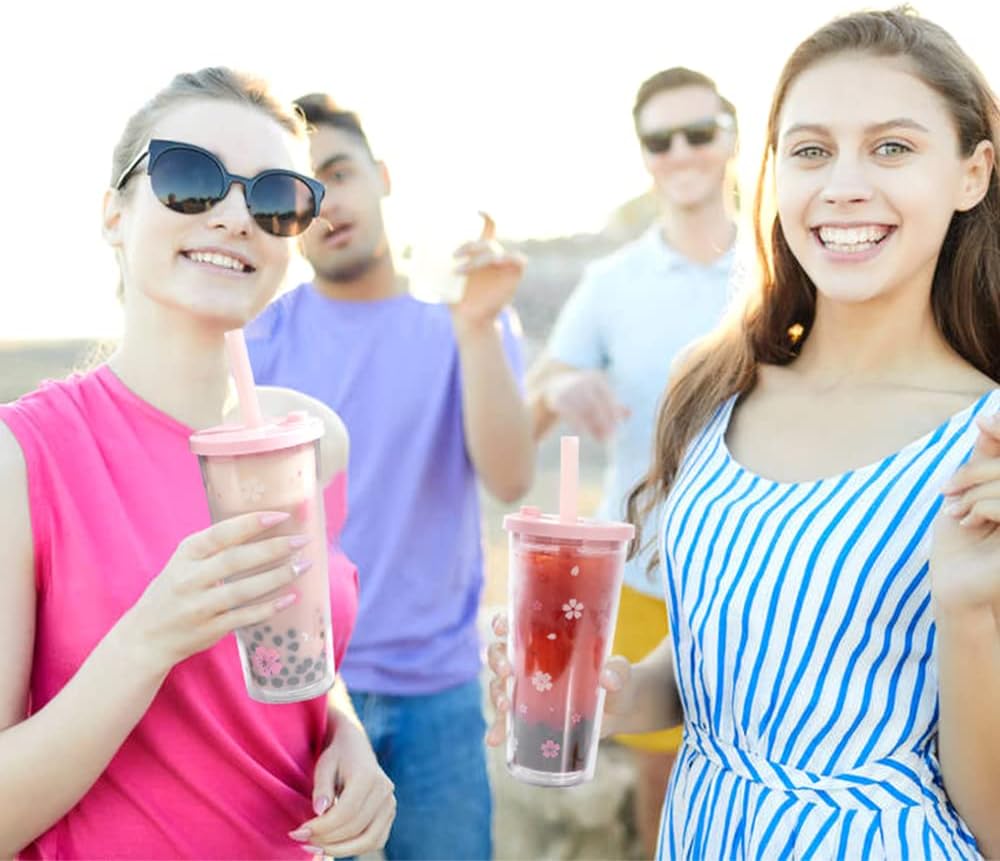 Reusable Plastic Boba Cup With Lids And Straws, 24Oz/700ml Smoothie Cups, Iced Coffee Cup, Leakproof Kawaii Cup, Boba Tumbler With Boba Reusable Straw,Double Wall Clear Bubble Tea Cup - Image 9