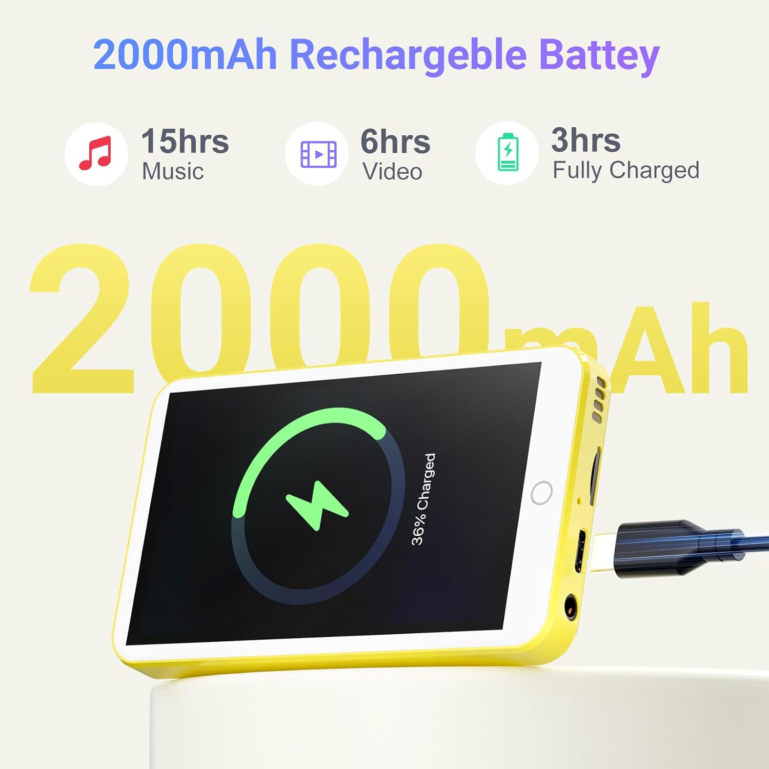 Oilsky M303pro MP3 Player connected to a USB-C charger, showing a charging icon on the screen.