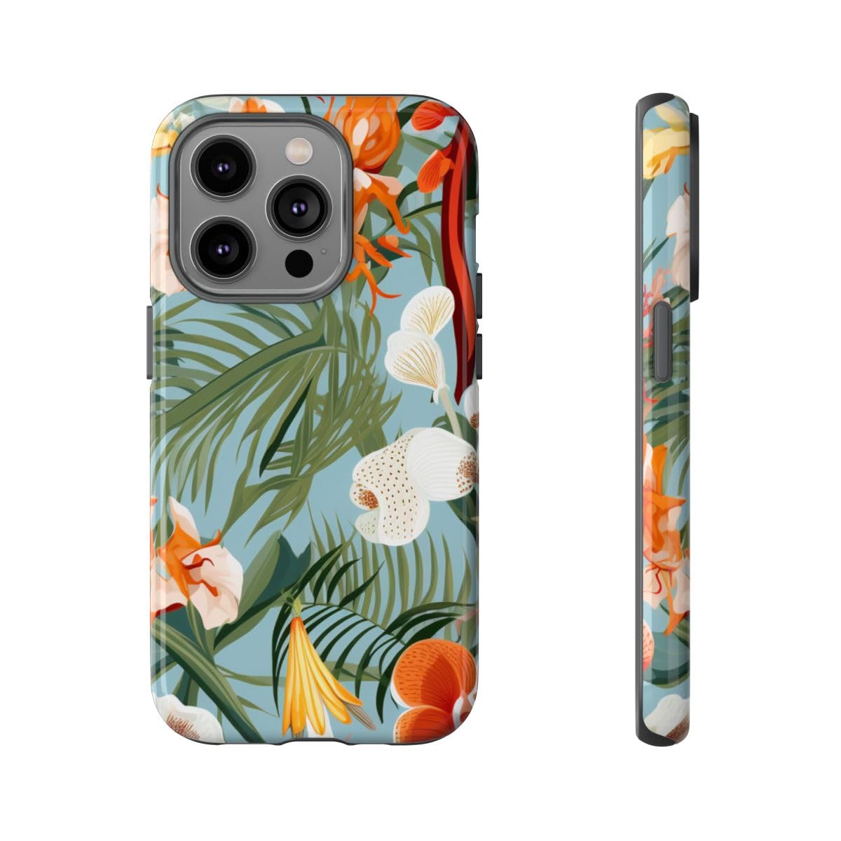 Coque rigide brillante iPhone 14 Pro aux finitions premium orchidées vertes - 5