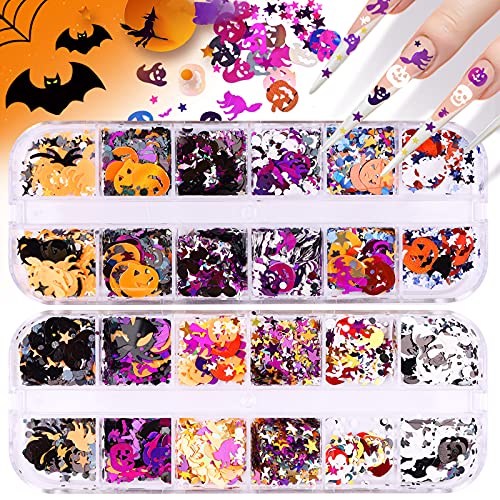 Ebanku 2 Boxes Halloween Nail Art Glitter Sequins, 3D Holographic Spider Pumpkin Witch Bat Confetti Glitter For Acrylic Nails Halloween Party Decor #TOP15