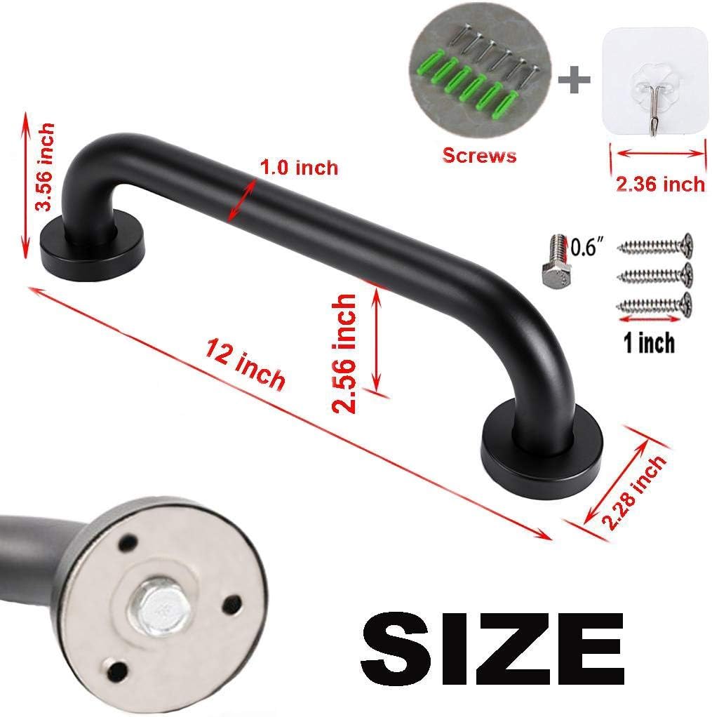 12 Inch & 16 Inch Stainless Steel Shower Grab Bar,ZUEXT Black Shower Handle,Bathroom Balance Bar,Safety Hand Rail Support Bar for Handicap Elderly Injury,Senior Assist Bar,Wall Concealed Mount Handle
