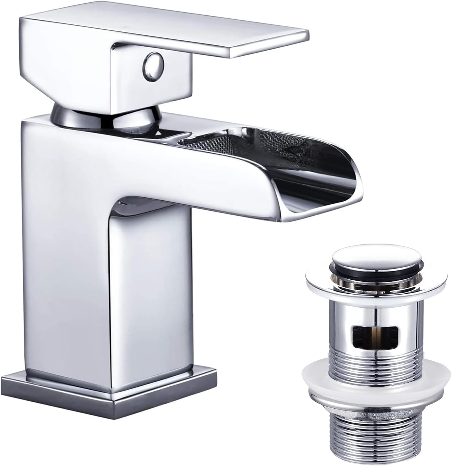 Basin Taps Mixers with Pop-up Waste Slotted Waterfall Bathroom Sink Mixer Tap Square Modern Cloakroom Faucet Monobloc G1/2 Hoses Single Hole