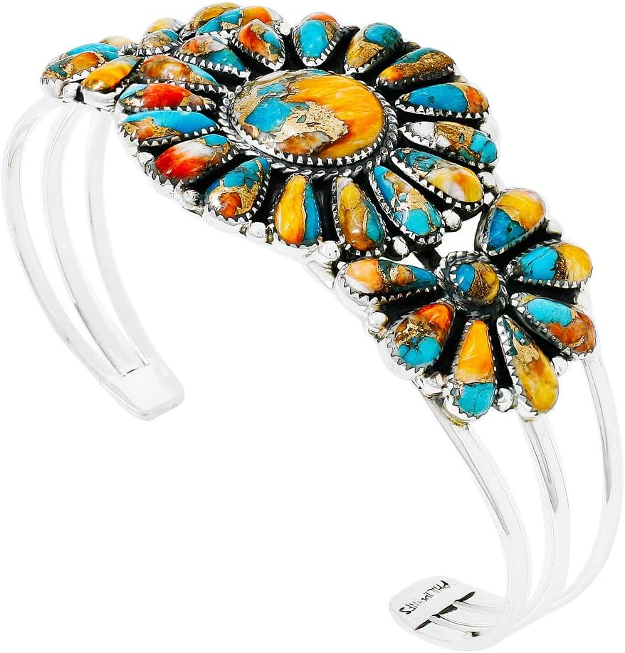 Turquoise Network Southwest Style Genuine Gemstones 925 Sterling Silver Cluster Bracelet