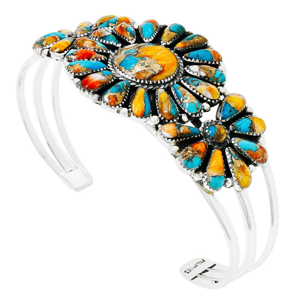Southwest Style Genuine Gemstones 925 Sterling Silver Cluster Bracelet