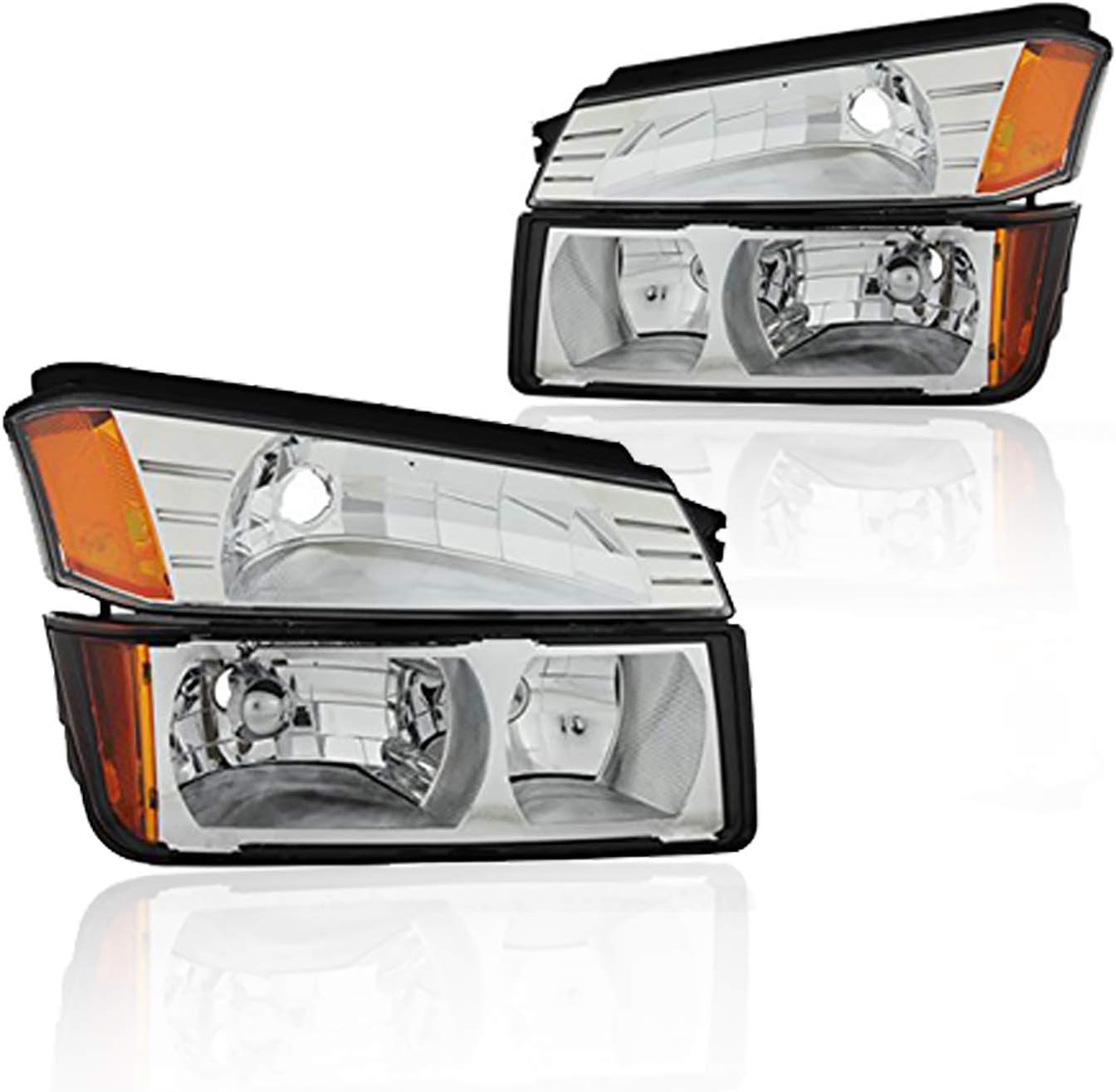 Replacement Headlights Assembly GCVAL02-A4 For 2002 2003 2004 2005 2006 Chevy Avalanche 1500 2500 Body Cladding Model with Chrome Housing Ambler Reflector Clear Lens Headlamp Driver and Passenger Side