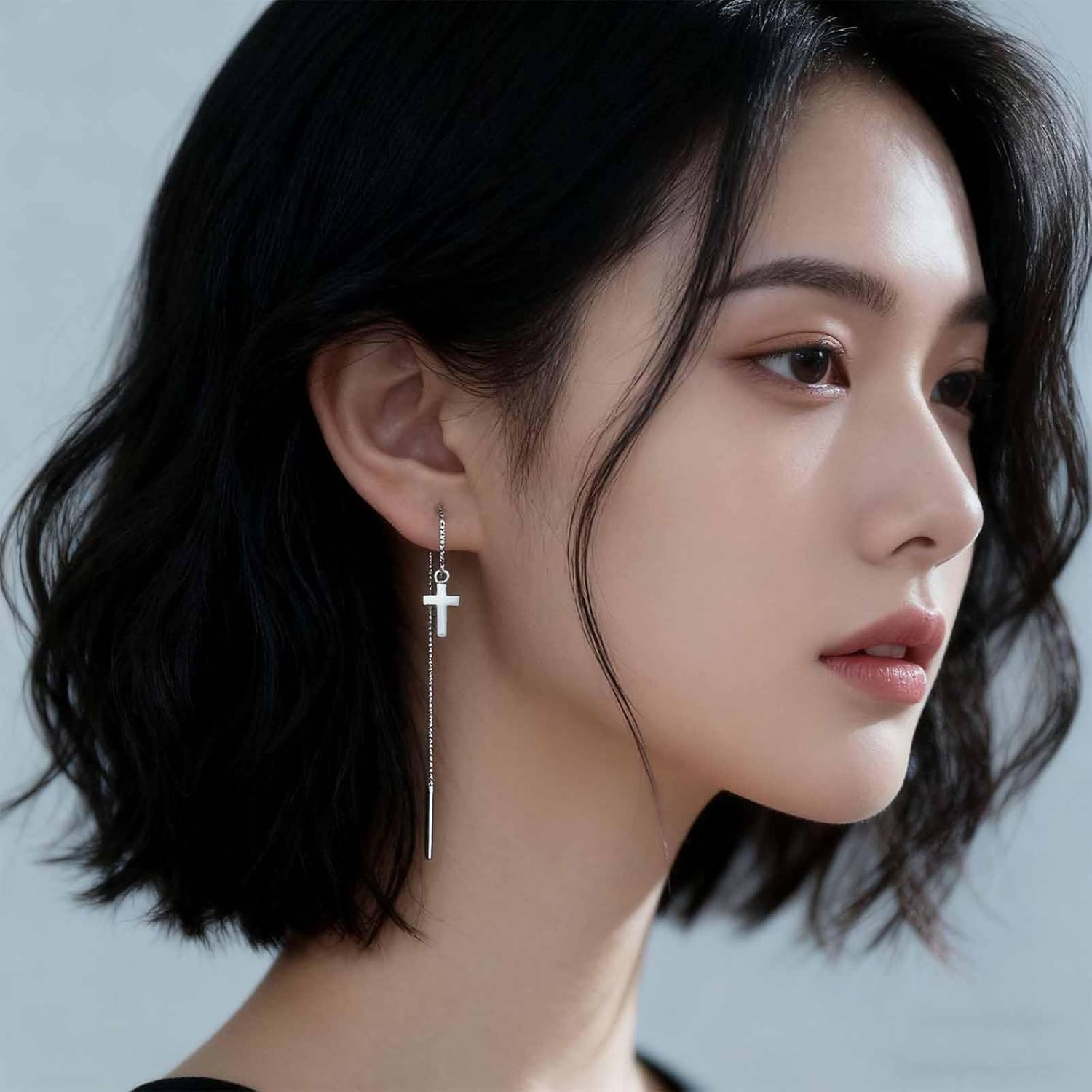 Vintage Cross Threader Earrings Silver Bar Tassel Drop Earring Long Cross Pull Through Earring Minimalist Chain Dangle Earrings Jewelry for Women - Image 5