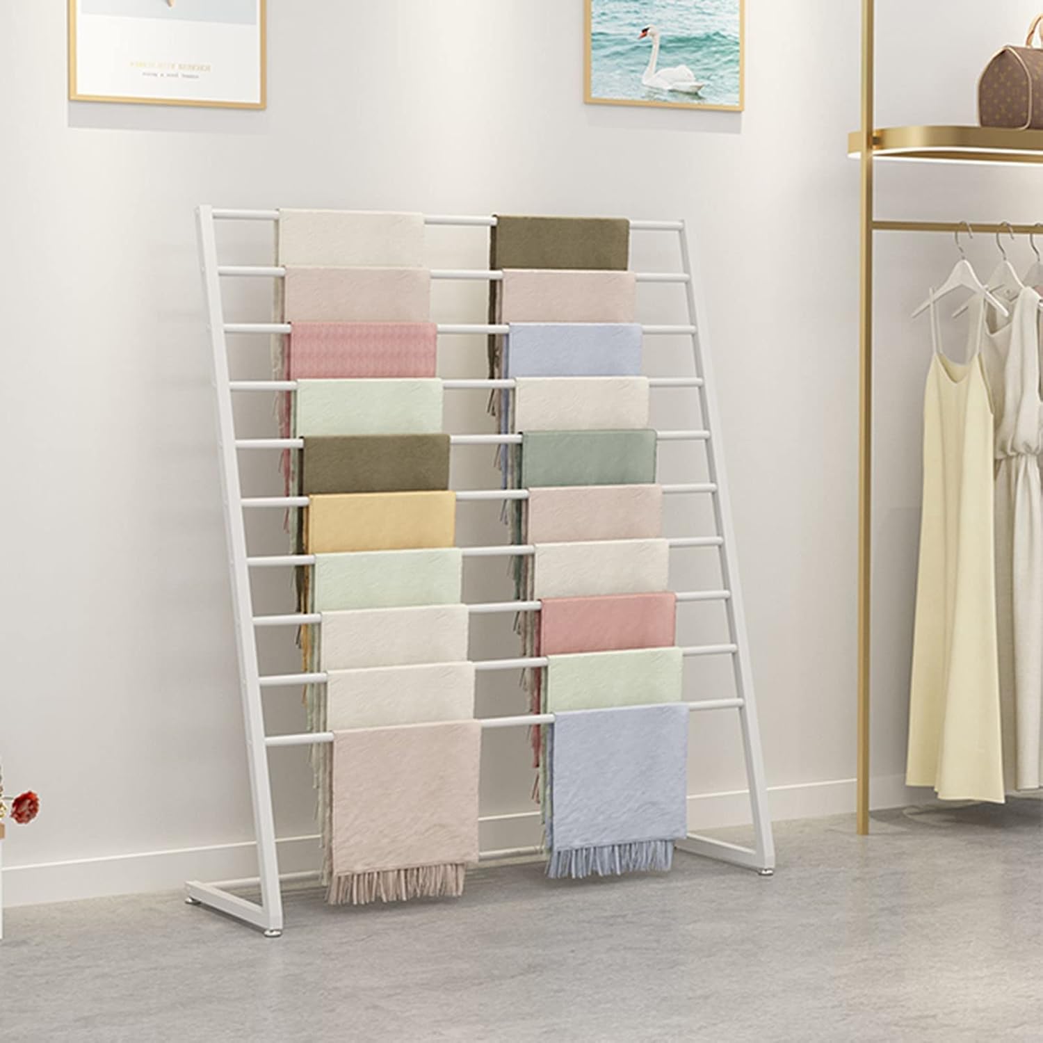 Ribbon Storage Display Rack Scarf Scarf Display Stand - Metal Hijab Hangers - Floor Standing Suit Pants Rack - Sheets Hanging Organizer Shelf, Floor Standing Sheets Belt Suit Pants Hanging Rack(White,
