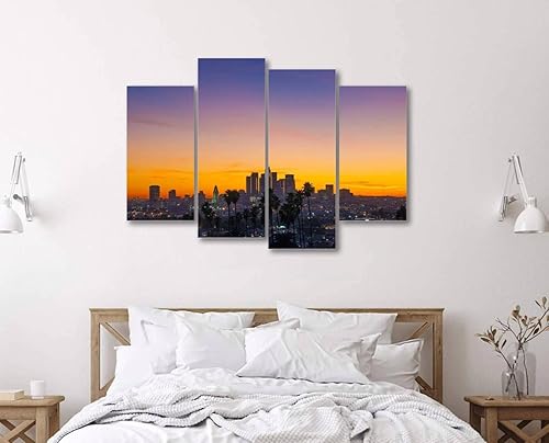 Miniatura 2 de Lienzo de 4 paneles para pared, diseño de Los Ángeles, horizonte, palmeras, gran angular, póster de pintura estirado y enmarcado, decoración de