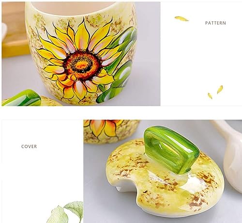 Miniatura 6 de Tarro de almacenamiento de cerámica con cuchara de tapa de girasol para pintar a mano Azucarero Especias