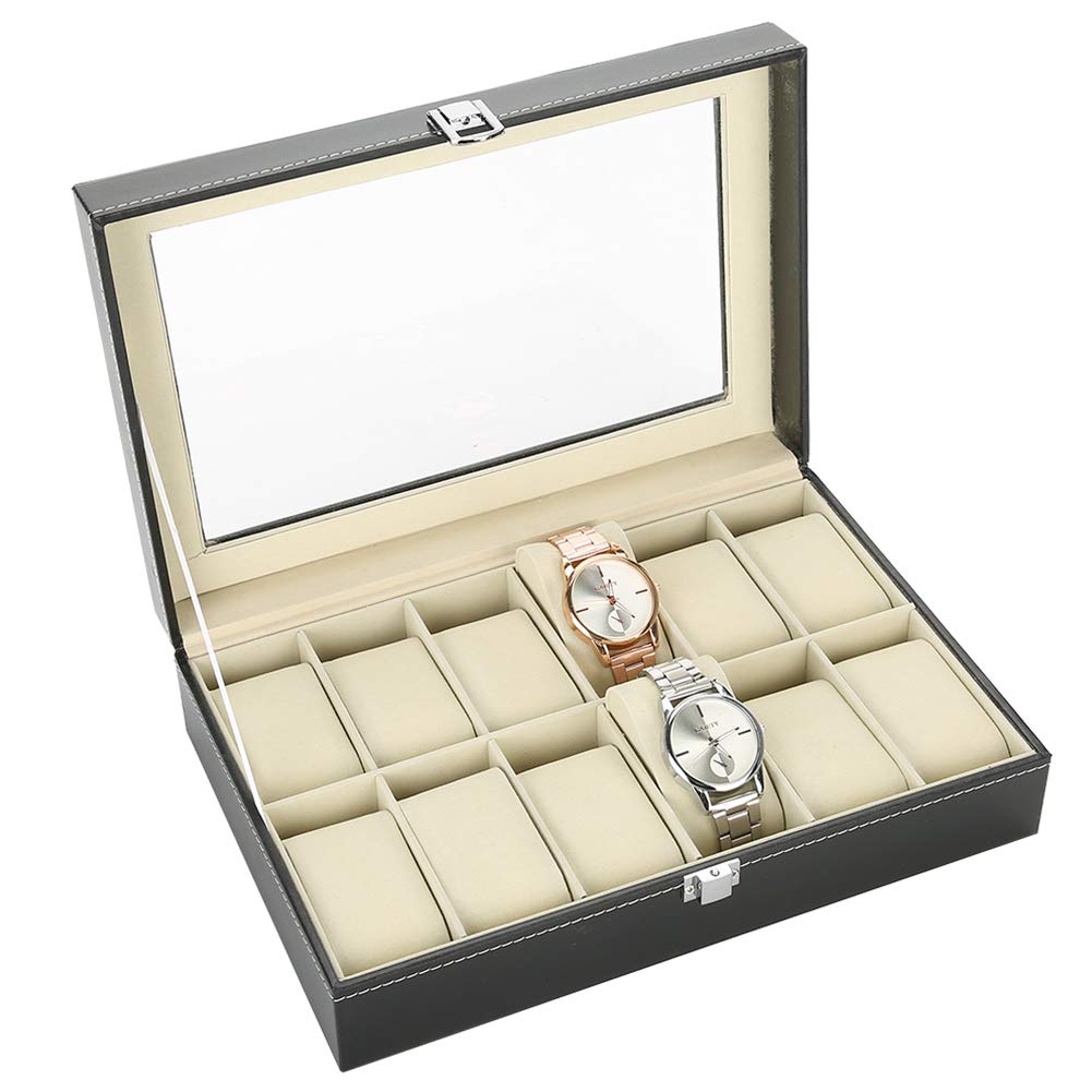 Organizzatore di scatole di immagazzinaggio per vetrine per orologi in pelle PU con 12 griglie per custodia per orologi con copertura in vetro con chiusura a chiave da viag
