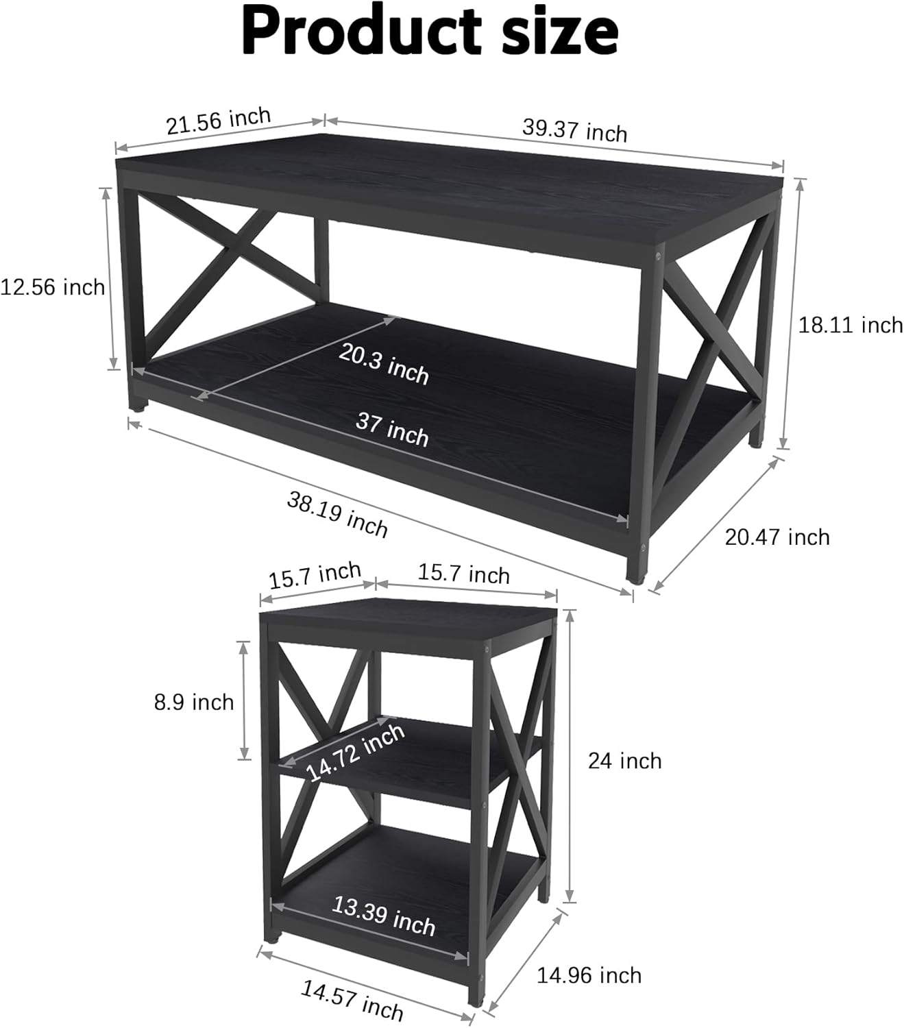 Black Modern 3-Piece Coffee Table and End Tables Set with Storage