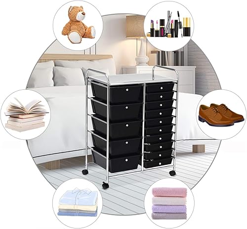 Miniatura 4 de RELAX4LIFE Carritos de cajones de almacenamiento con 15 cajones, ruedas rodantes, semitransparentes, multiusos, móvil rodante, para escuela,