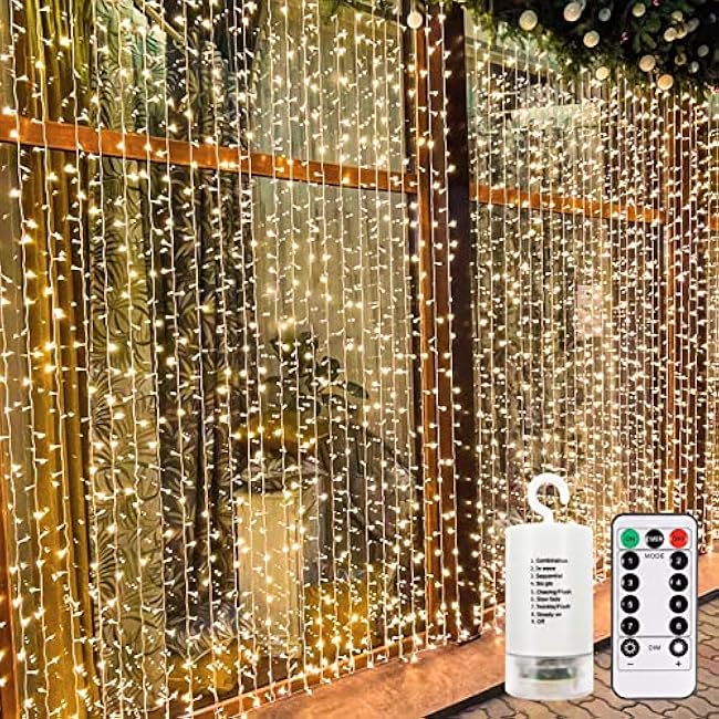 echosari 300 LED Curtain Lights Battery Operated, 9.8ft¡Á9.8ft Hanging Light with Remote Timer Fairy Curtain Lights for Bedroom Patio Wedding Backdrop Party Dec¨®r (Warm White)