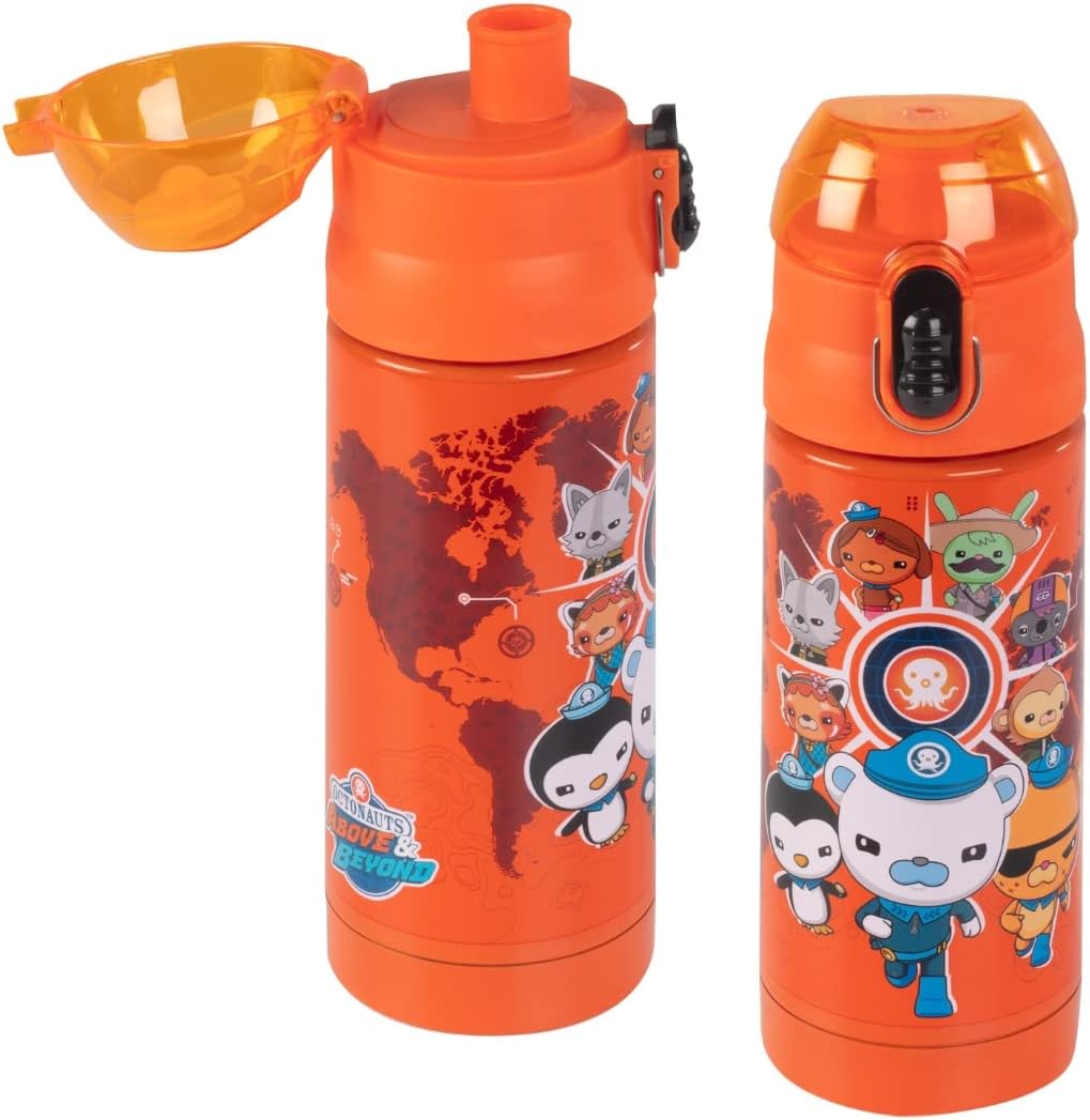 Octonauts Above & Beyond Stainless Steel 13 oz Reusable Water Bottle for Kids, Orange- Double Wall Insulated, Spill Proof Lid w/ Built-in Straw-Keep Liquids Hot or Cold For Hours-Fits Most Lunch Bags