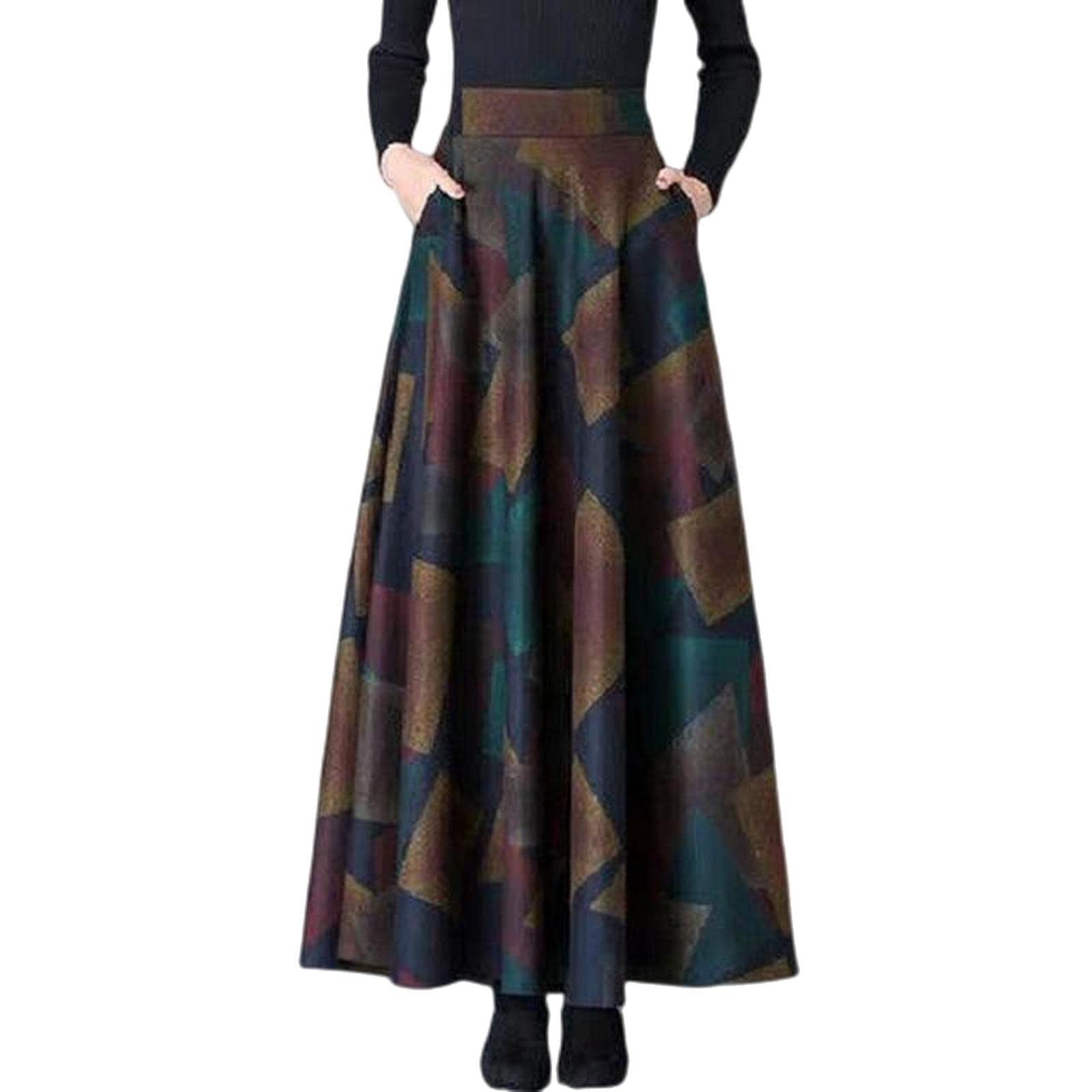 Falda larga de oficina, falda elegante, cálida, versátil, de cintura alta, acampanada, maxi, marrón, 48