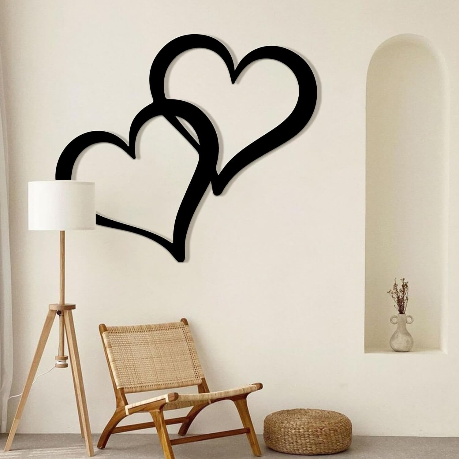 Decoración de Pared de Corazones entrelazados de Metal Negro, decoración de Pared de Pareja de Corazones Dobles de Metal, Escultura Moderna de decoración de Arte de corazón para Sala de Esta
