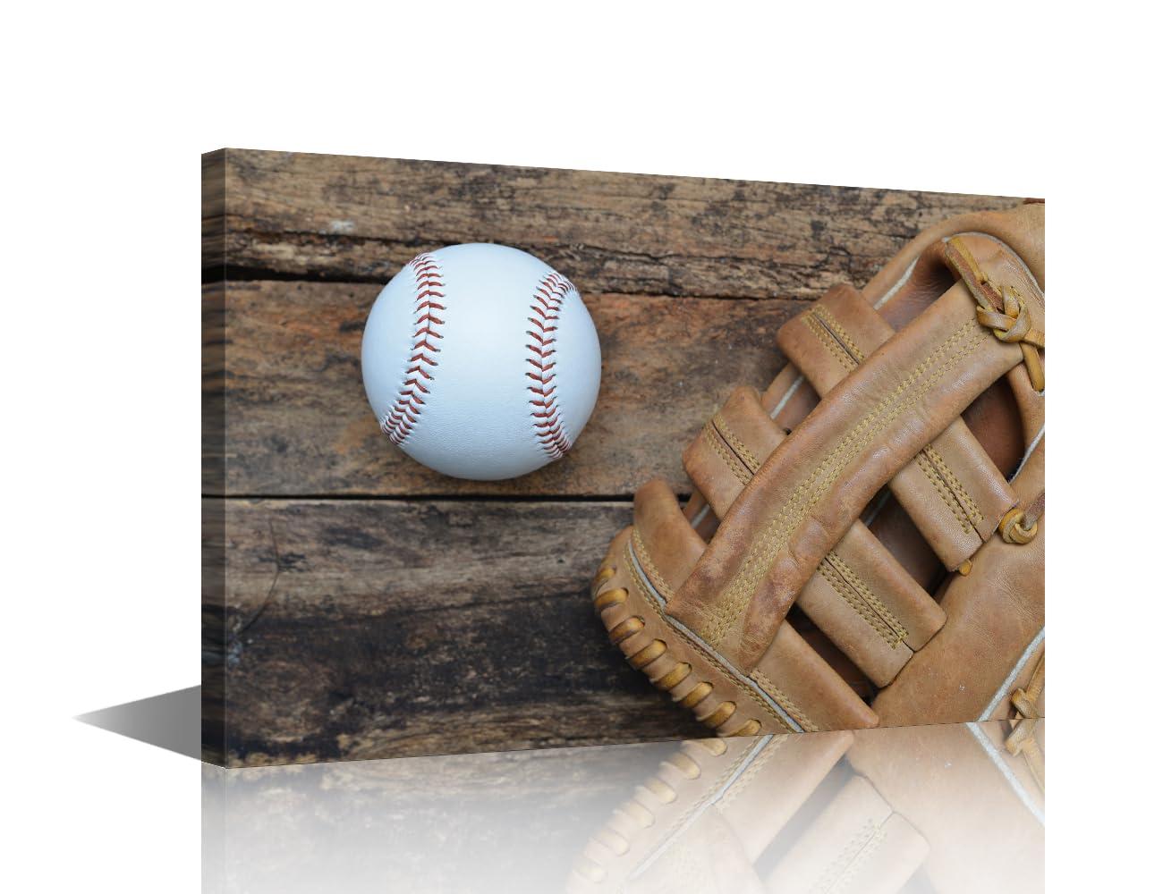 Baseball Sport Wall Art, Baseball and Glove on Wooden Boards, Wall Art Softball Canvas Prints Decor Homes Modern Artwork Office Living Room Decorations Stretched Framed Ready to Hang(16"Wx24"H)