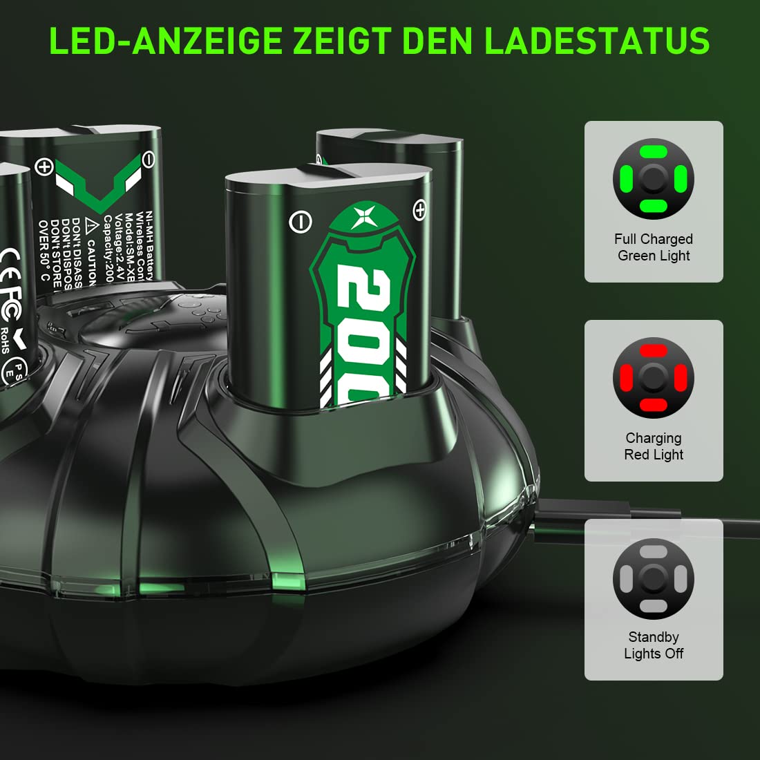 Lot de 4 batteries rechargeables 2000 mAh avec chargeur pour Xbox One S/Xbox One X/Xbox One Elite sans fil, protection intelligente durable