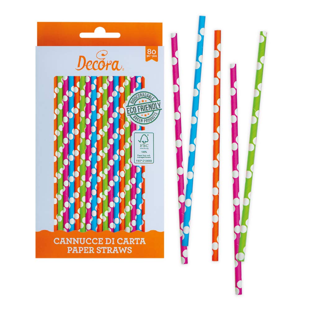 Decora Confezione da 80 Cannucce Multicolor Ø 6 X 210 mm, in carta biodegradabile, con inchiostro ad acqua, per dare colore ai tuoi party