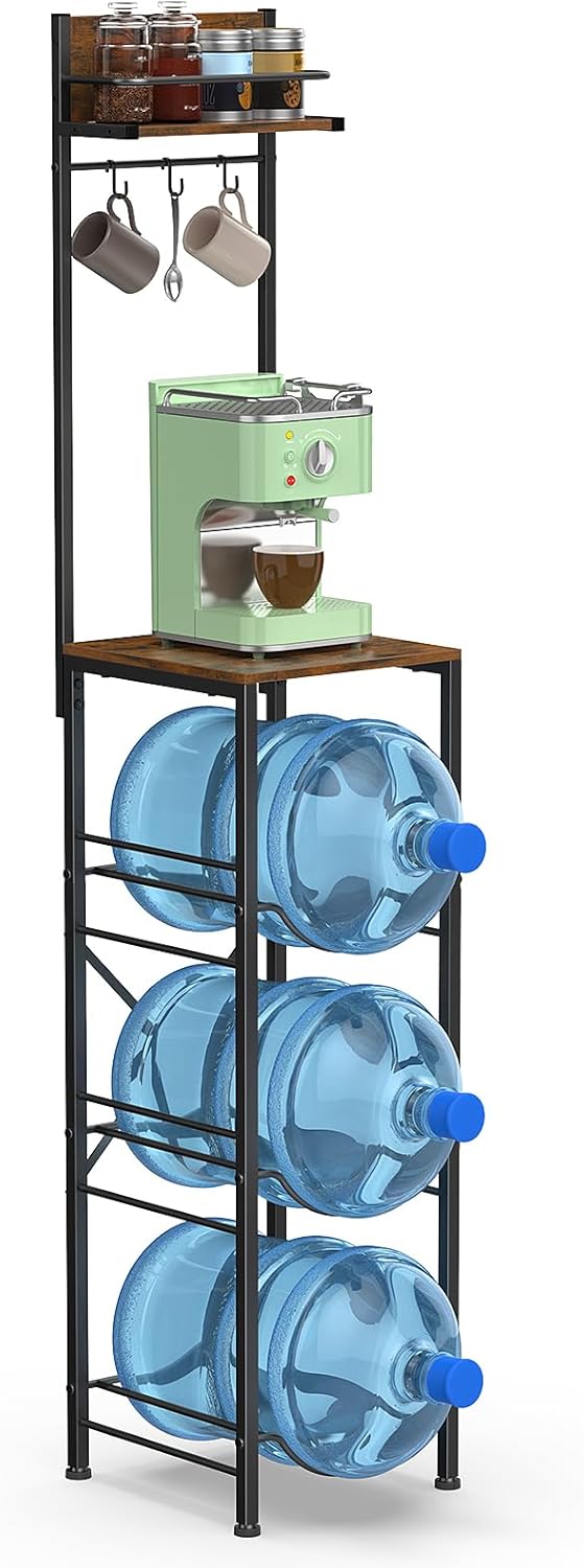 3-Tier 5 Gallon Water Jug Holder with Wood Storage Shelve 3 Hooks, 5 Gallon Water Bottle Holder, Water Jug Stand Water Jug Rack, Water Bottle Organizer for Kitchen Office Living Room,Brown