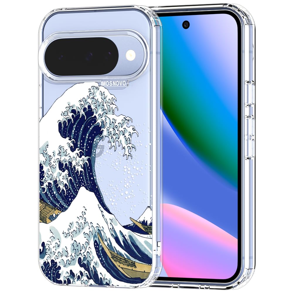 MOSNOVO Case for Google Pixel 9 & Pixel 9 Pro, [Buffertech 6.6ft Military-Grade Drop Protection] [Anti Peel Off Tech] Clear TPU Bumper Phone Case Cover Design - Great Wave — view 36