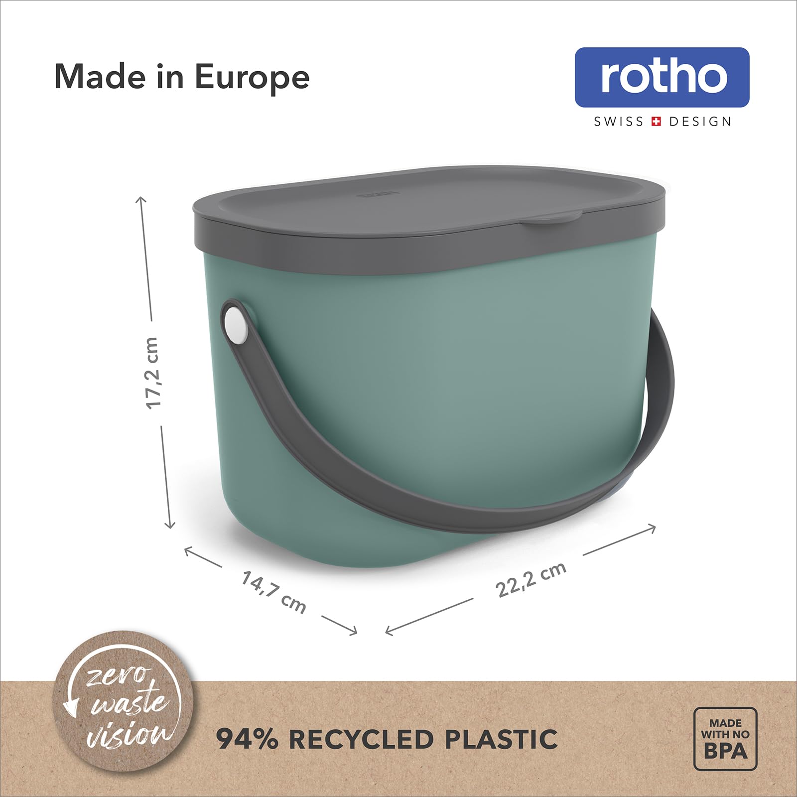 Rotho Albula - Pattumiera biologica con coperchio, 3,2 l, per cucina